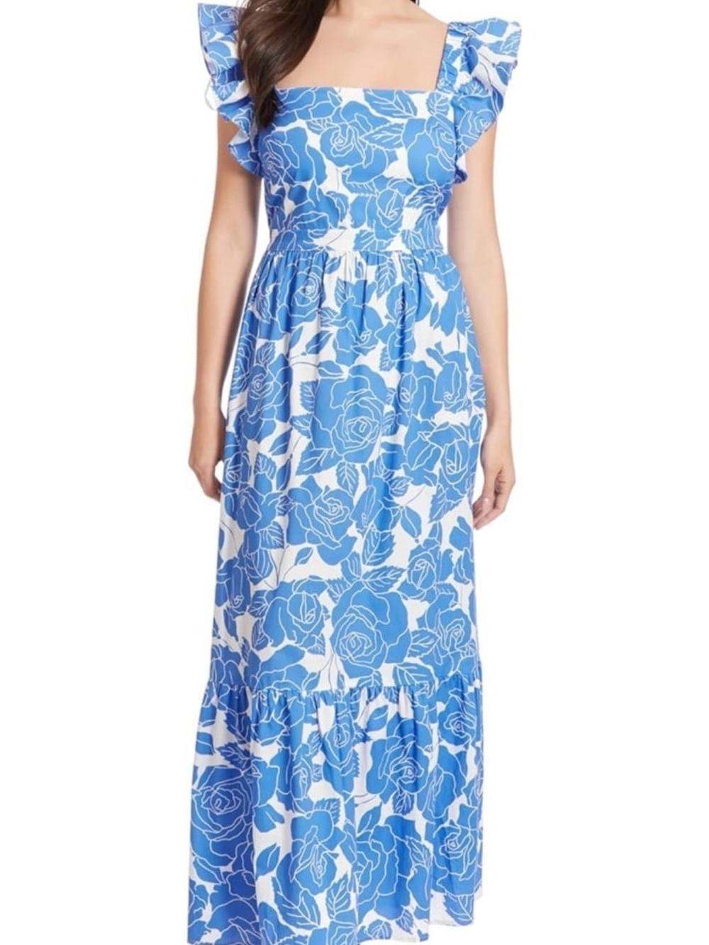 New LONDON TIMES Blue Floral Maxi Dress with Ruffle Sleeves 16W